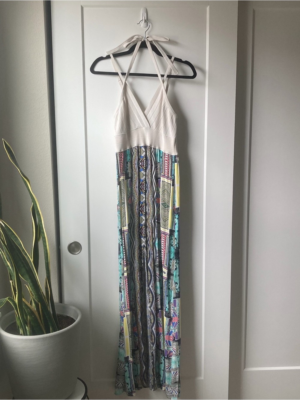 Cream Ribbed Maxi Dress Geometric Pattern